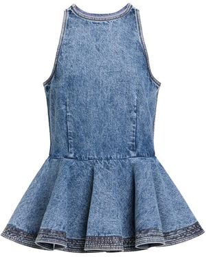 Alaïa Peplum Denim Top With Ruffled Hem - Blue