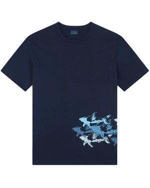 Paul & Shark Cotton Jersey T-Shirt With Distressed Sharks Print - Blue