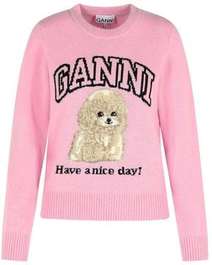 Ganni Poodle Graphic Jumper In Pink Wool Blend