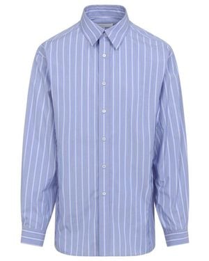 Maison Margiela Light Striped Cotton Shirt With Pointed Collar And Signature Stitching - Blue