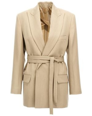 Victoria Beckham Peak Lapel Wool Blazer With Removable Belt - Natural