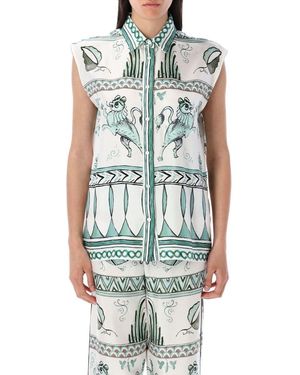Fabiana Filippi Silk Twill Painted Print Sleeveless Shirt - Blue