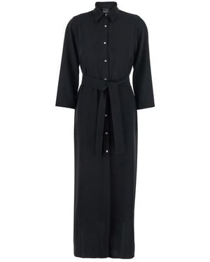 Plain Long Dress With Classic Collar And Front Button Closure - Black