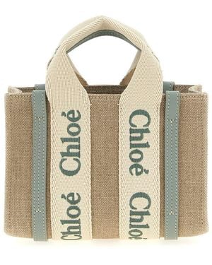 トートバッグ Chloe Borsa Woody Mini In Canvas Chloé Mini Woody Tote Bag In Linen & Leather in Shiny grey