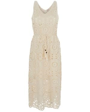 Rene' Derhy 'xaviere' White Long Dress With V-neck And All-over Lace Embroideries In Cotton Woman - Natural