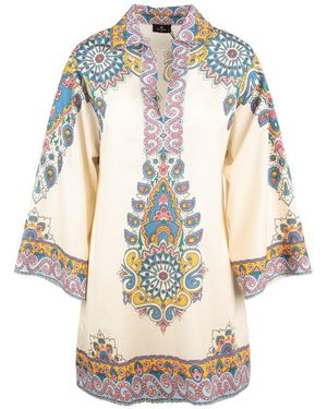 Etro Ivory Cotton Kaftan Dress With Multicolored Paisley Pattern - Metallic