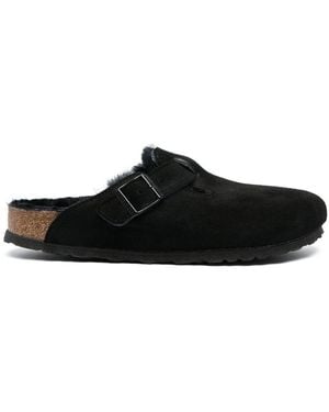 Birkenstock 'Boston' Shearling Suede Leather Slippers - Black