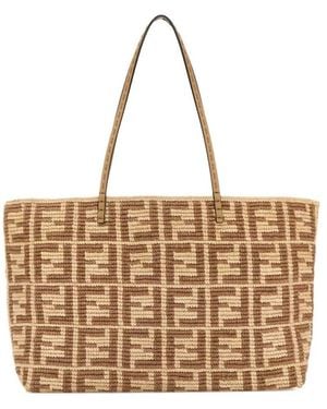 Fendi Ff Raffia Crochet Roll Large Shopper Bags - Natural