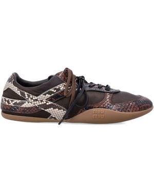 Miu Miu Gymnasium Technical Fabric And Python-Print Ayers Leather Sneakers Shoes - Brown