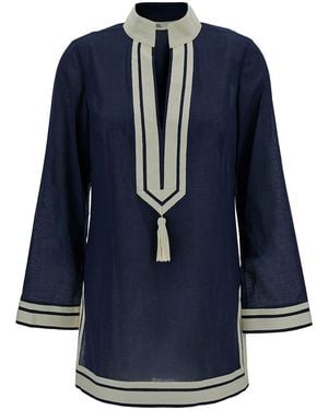 Tory Burch Herringbone-Trimmed Cotton Tunic - Blue