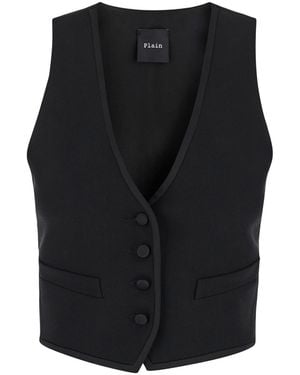 Plain 'Smoking' Vest With Covered Buttons - Black
