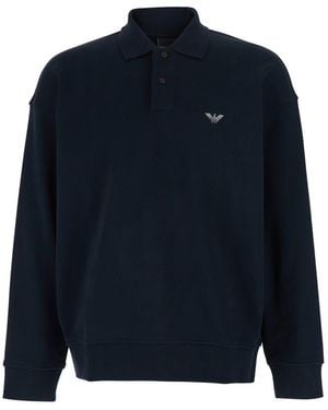 Emporio Armani Blue Sweatshirt With Polo Shirt Style Collar And Logo Embroidery On The Front In Cotton Man