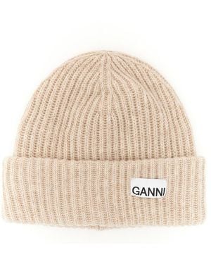 Ganni Beanie Hat With Logo - Natural
