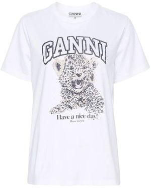 Ganni Leopard Print Cotton T-Shirt - White