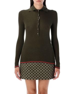 Gucci Ribbed Knit Ls Polo Top - Green