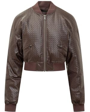 ROTATE BIRGER CHRISTENSEN Rotate Braided Leather Bomber Jacket - Brown