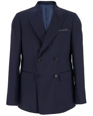 Low Brand Double-Breasted Jacket With Peak Revers And Embroidery Detail On The Front - Blue