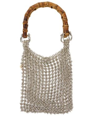 Silvia Gnecchi 'Bamboo' Coloured Handbag With Metallic Mesh And Bamboo Handle - White