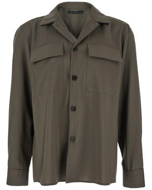 Low Brand Green Shirt With Classic Collar And Applied Pockets On The Front In Fabric Man
