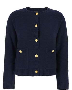 Plain Crewneck Cardigan With Jewel Buttons And Two Front Patch Pockets - Blue
