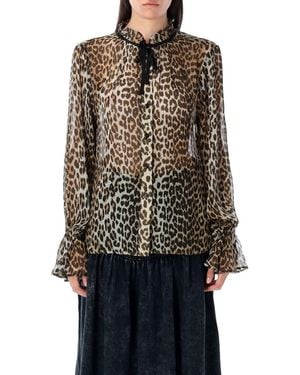 Ganni Leopard Print Chiffon Tie String Shirt - Black