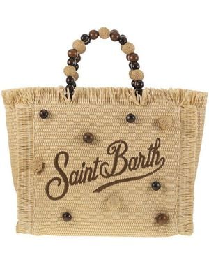 Mc2 Saint Barth Colette - Straw Effect Bag With Wooden Beads And Embroidered Logo - Metallic