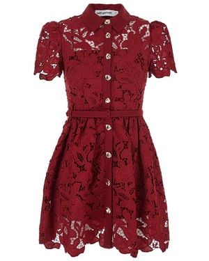 Self-Portrait Bordeaux Mini Dress With All-Over Lace Floral Embroidery And Pleated Skirt - Red