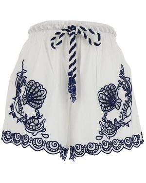 FARM Rio 'garden Tiles' White Shorts With Drawstring Waist And All-over Embroidery In Cotton Woman - Blue