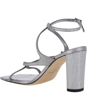 Jimmy Choo 'Azie' Metallic Sandals With High Stacked Heel And Criss-Cross Strap - Grey