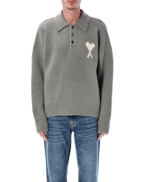 Ami Paris Wool Polo Sweater With De Coeur Logo - Grey