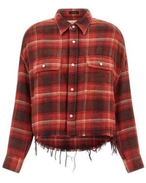 R13 Check Print Fringed Cropped Shirt - Red