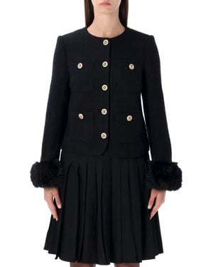 Self-Portrait Bouclé Jacket With Faux Fur Cuffs - Black