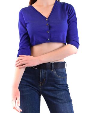 P.A.R.O.S.H. Silk Blend V-Neck Button-Up Cardigan With 3/4 Sleeves - Blue