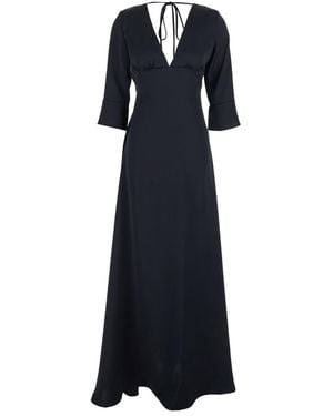 Plain Black Maxi Dress With Front And Rear V Neck And Maxi Bow On The Rear In Cady Woman - Blue