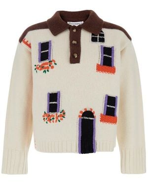 JW Anderson 'House' Polo Shirt Style Jumper With Embroidery On The Front - White