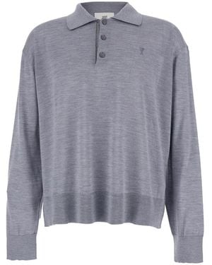 Ami Paris Polo Shirt With Classic Collar And Adc Embroidery On The Front - Grey