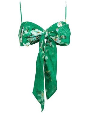 Zimmermann Everley Bow Floral-Pattern Linen Bralette - Green