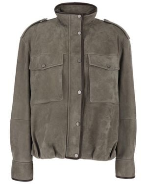 Brunello Cucinelli Faded Green Jacket With High Neck And Front Patch Pockets In Suede Woman