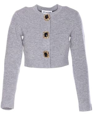 Self-Portrait Wool Knit Jeweled Sweater - Gray