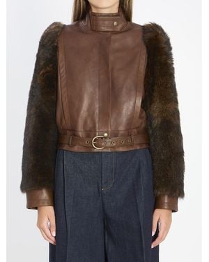 Chloé Short High-Neck Leather Jacket - Brown