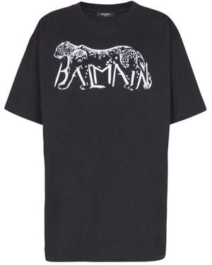 Balmain Leopard Print Cotton T-Shirt - Black