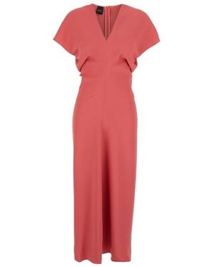 Plain Dress With V Neck And Short Sleeves - Red