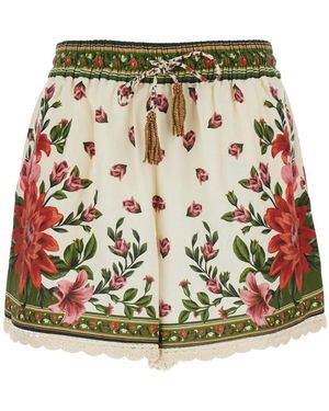 FARM Rio 'Wonder' Shorts With Drawstring Elastic Waist And All-Over Floral Print - Green