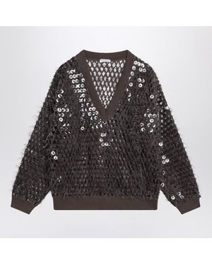 Brunello Cucinelli Chocolate Mesh Top With Sequins - Black
