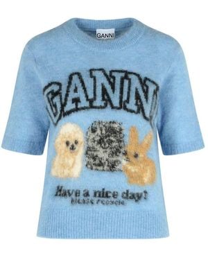 Ganni Alpaca Blend Jumper With Light Blue 'animalier' Pattern