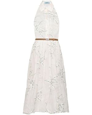Prada Floral-Embroidered Silk Midi Dress - White