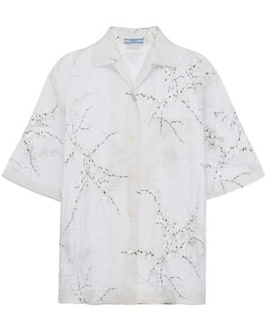 Prada Floral-Embroidered Short-Sleeved Sheer Shirt - White