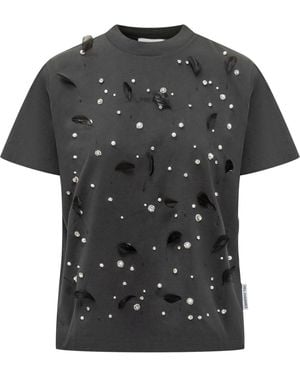 DES_PHEMMES Des Phemmes T-Shirt With Rhinestones, Pearls And Feathers - Black