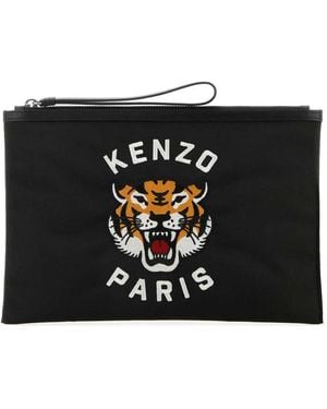 KENZO Clutch Bag With Tiger Head Embroidery And Logo - Black