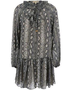 Michael Kors Gray Crewneck Mini Dress With Long Puffed Sleeves And All-over Snakeskin Print In Tech Fabric Woman
